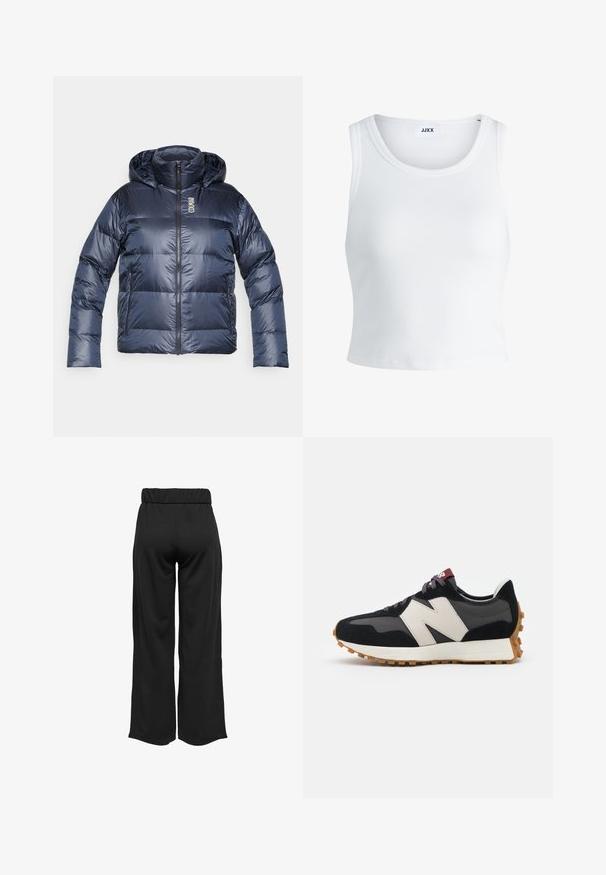 Casaco puffer azul marinho com capuz, apresentando fechamento em zipper à frente, design acolchoado e logotipo no peito. Material liso e brilhante com punhos elásticos.; Top curto branco com nervuras, apresentando um decote redondo, design sem mangas e um comprimento cropped. Rótulo lê "JJXX." Textura de tecido suave.; Calças largas e pretas com uma cinta elástica, feitas de um tecido suave. Apresentam um design limpo, sem bolsos ou detalhes de costura visíveis.; Sneaker em camurça preta e cinza com um grande logótipo "N" creme, cordões roxos e uma sola de borracha texturizada em cor de goma.