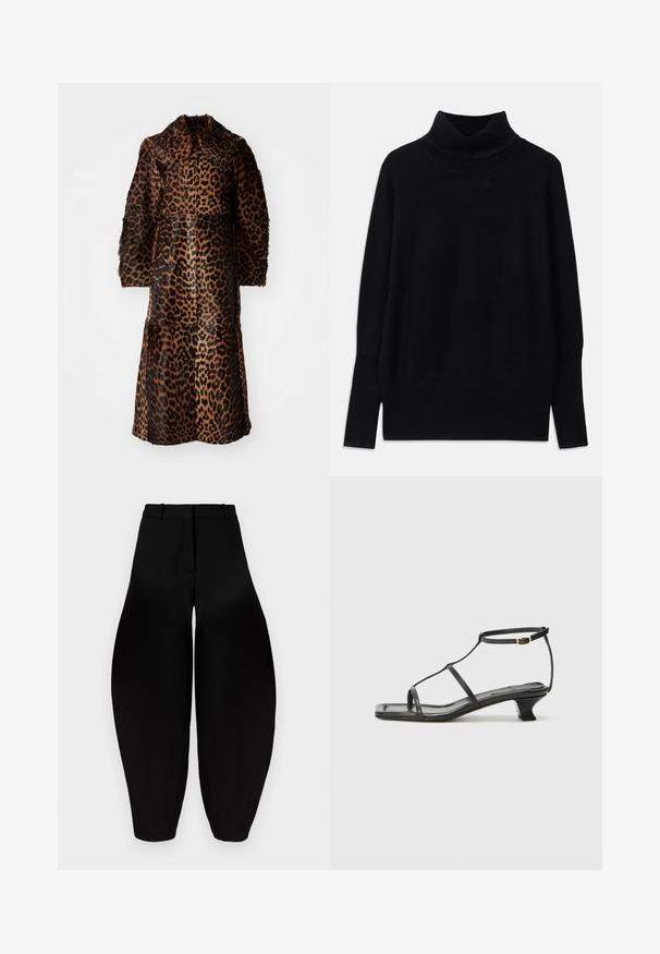By Malene Birger RAFAIA - Ziemas mētelis - brown; Melnas turtlenecka formas džemperis, izgatavots no mīksta auduma, ar ribotām akcentiem apkaklē un piedurkņu galos, ar brīvu piegriezumu un sānu spraugām.; Melnbra plaša kāju bikses ar augstu jostasvietu, gludu priekšpusi un sašaurinātiem potītes daļām. Izgatavotas no gludas auduma ar matētu apdari.; Melna ādas sandale ar kvadrātveida purngalu, plānām siksnām, regulējamu potītes siksnu un zemu papēdi. Iezīme ir neliela zelta akcenta detaļa uz siksnas.