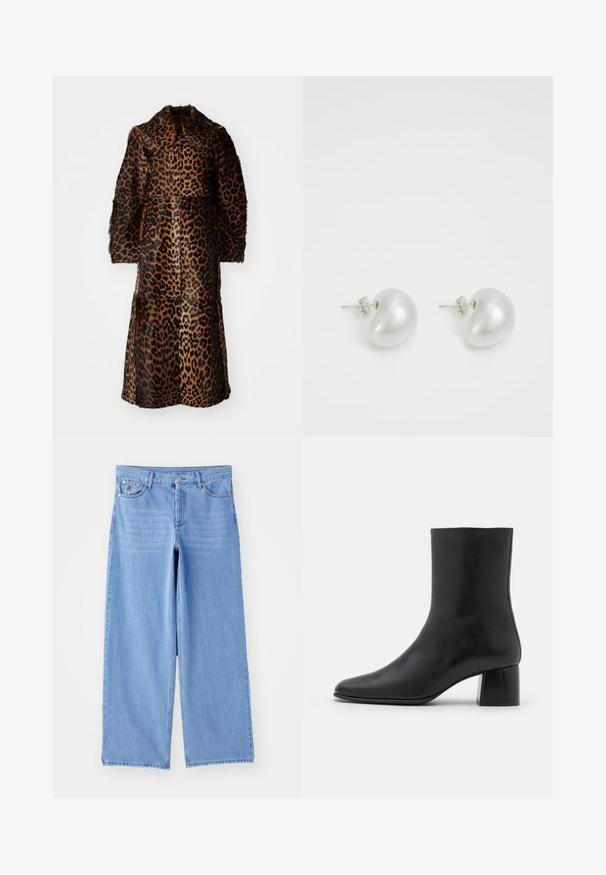 By Malene Birger RAFAIA - Žieminis paltas - brown; Juodas ilgų rankovių marškinėlis, pagamintas iš minkštos medžiagos, su apykakle ir laisvu siluetu, su šoninėmis sklendėmis apačioje, kad būtų lengviau judėti.; Šviesiai mėlyni plačių kojų džinsai pagaminti iš denimo, turintys klasikinį penkių kišenių dizainą ir mygtukų užtraukimą. Lygi tekstūra, nutrintas apatinis kraštas.; Juodas odinis kulkšninis botas su smailiu pirštu ir masyviu kvadratiniu kulnu. Lygus paviršius be siūlių ir minimalizmu išsiskiriantis dizainas.; Sidabriniai perlų auskarai su kreivai suformuota pupelės forma. Lygus, blizgus paviršius, uždaromi segtuku ir atgaline fiksacija.