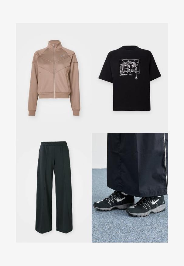 Brun zip-up jakke laget av glatt stoff, med høy krage, kontrasterende paneler, sidelommer og en liten hvit logo på brystet.; Svart T-skjorte laget av bomull med korte ermer. Har et hvitt edderkoppnett grafikk og logo på fronten. Enkel rund hals.; Sorte, vide treningsbukser med elastisk midje. Laget av glatt, elastisk stoff, med subtile front sømmar og utan lommer.; Svarte treningssko med teksturert overdel, sølv detaljer og mønstrete såle, sammen med et svart langt plagg. Plassert på et blått teppe.