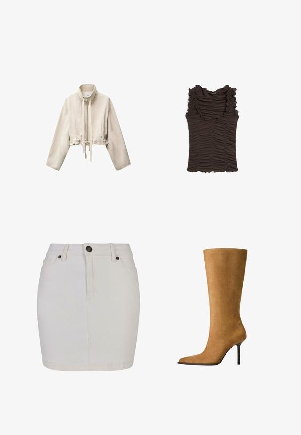 Krótkiej długości beżowa kurtka z wysokim kołnierzem, długimi rękawami, zamkiem błyskawicznym z przodu, regulowanym sznurkiem w talii oraz dwoma bocznymi kieszeniami.; Brązowy bezrękawnik z falbaniastym dekoltem i marszczonym materiałem na całej powierzchni. Posiada dopasowany krój i teksturowaną powierzchnię.; Biała spódnica dżinsowa o dopasowanym kroju, z zapięciem na guziki, paskiem na paski i klasycznym pięciopocketowym stylem. Gładka tekstura i długość do kolan.; Kozaki do kolan z zamszu w kolorze camelowym, z ostrym noskiem i cienkim, wysokim obcasem. Gładka textura i smukła sylwetka z minimalnymi detalami.