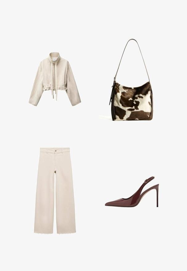 Površna bež jakna z visokim ovratnikom, dolgimi rokavi, sprednjim zadrgo, nastavljivim vrvico v pasu in dvema stranskima žepoma.; Bež pletena majica s kratkimi rokavi in krožnim izrezom, s teksturiranim vzorcem in rebrastim robom. Preprost, oprijet dizajn.; Bež jeans hlače širokega kroja z visokim pasom, z zapiranjem na gumb, sprednjimi žepi in raztrganim robom. Narejene iz denima.; Temno rjava paten usnjena visoka peta s koničastim nosom in nastavljivim zaponko ter tankim stiletto petam.; Rjav in krem torba iz kravjega usnja s gladkim usnjenim trakom, z zadrgo in mehko, strukturo površino, ki prikazuje naravni vzorec.
