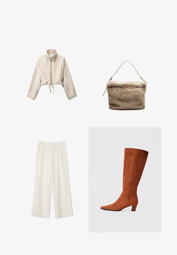 Površna bež jakna z visokim ovratnikom, dolgimi rokavi, sprednjim zadrgo, nastavljivim vrvico v pasu in dvema stranskima žepoma.; Majica s dolgimi rokavi v nežni rjavkasti barvi, z ribasto teksturo, z lažjim ovratnikom in edinstvenim designom z izrezano ramo.; Široke hlače iz off-white tkanine z gladko teksturo. Imajo zavezan pas in nagubano sprednjo stran, zasnovane za sproščen fit.; Rjavi suede škornji do kolen s koničastim nosom in majhno blok peto, ki se ponašajo z gladko teksturo in minimalističnim dizajnom.; Džinska torba iz umetnega krzna v svetlo bež barvi z mehkobo in teksturirano površino. Ima en sam tanek trak in pravokotno obliko s puhastim zgornjim robom.