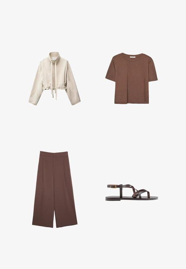 Površna bež jakna z visokim ovratnikom, dolgimi rokavi, sprednjim zadrgo, nastavljivim vrvico v pasu in dvema stranskima žepoma.; Rjava kratka majica s kratkimi rokavi iz mehkega materiala, s krožnim izrezom in ohlapnim krojem. Brez vidnih vzorcev ali dodatkov.; Rjave široke hlače z gladko teksturo, ki imajo visok pas in sprednje naborke. Tkanina je lahka in prosto pada.; Rjav usnjen sandal z načinom prečnega črta, zaklepom okoli gležnja in ravnim podplatom z minimalnimi šivi.