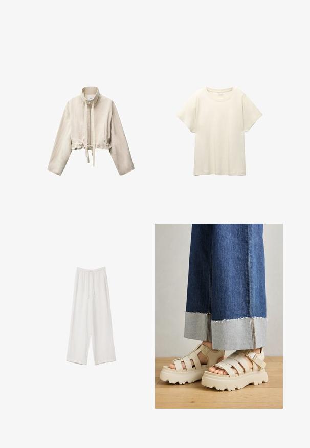 Krátka béžová bunda s vysokým golierom, dlhými rukávmi, predným zipsom, nastaviteľnou šnúrkou v páse a dvoma bočnými vreckami.; Svetlo béžové tričko s krátkym rukávom a okrúhlym výstrihom, vyrobené z jemnej, hladkej tkaniny. Má voľný strih a rovný lem.; Biele široké nohavice vyrobené z ľahkej tkaniny. Obsahujú elastický pás so sťahovacou šnúrkou a bočné vrecká. Hladká textúra.; Béžové platformové sandále s hrubými podrážkami majú pruhovaný dizajn a nastaviteľné popruhy okolo členka. Nosené sú s džínsovými nohavicami s širokými nohavicami, pri ktorých je jeden lem rozstrapkaný.