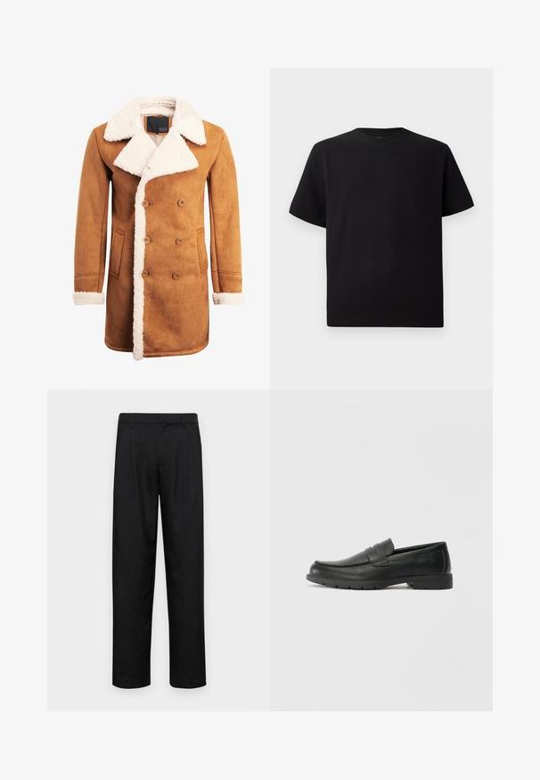 Brun ruskindsfrakke med dobbeltbrystet design, stort hvidt shearling krave og kant, sidelommer og knapdetaljer.; Sort kortærmet T-shirt lavet af tekstureret stof, med rund halsudskæring og en afslappet pasform. Enkel, uden mønstre eller accenter.; Sorte bukser lavet af glat stof, med et lige ben-design, to frontfolder og en standard talje med bæltestropper.; Sorte læderslippers med en glat finish, mokkasin-stil overdel, syninger og gummisål. Klassisk design med en lav hæl.