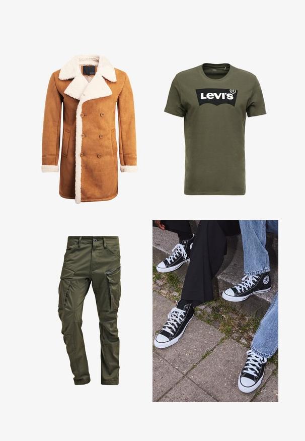 Abrigo de ante marrón con un diseño de doble botonadura, gran cuello y ribete de borreguito blanco, bolsillos laterales y detalles de botones.; Camiseta de algodón verde oliva con un gran logo negro de Levi's en el frente. Cuello redondo clásico y mangas cortas, textura suave.; Pantalones cargo verde oliva hechos de algodón resistente. Cuenta con múltiples bolsillos, un bolsillo lateral con cremallera y piernas ajustadas con un acabado ligeramente texturizado.; Zapatillas de lona negras de caña alta con suelas y cordones de goma blanca, con un logo circular en el lado, combinadas con unos pantalones de mezclilla y negros.