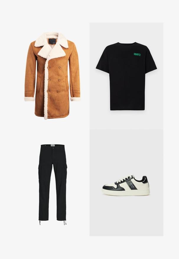 Brun ruskindsfrakke med dobbeltbrystet design, stort hvidt shearling krave og kant, sidelommer og knapdetaljer.; Sort t-shirt lavet af bomuld med korte ærmer. Har et grønt "ROOTS" logo på forsiden, rund halsudskæring og almindelig pasform.; Sorte cargo bukser med lige snit, der har sidelommer, knaplukning og elastiske snore ved anklerne. Fremstillet af slidstærkt stof.; Lædersneakers i sort og creme farveskema, med perforerede detaljer, en polstret krave og en struktureret ydersål.