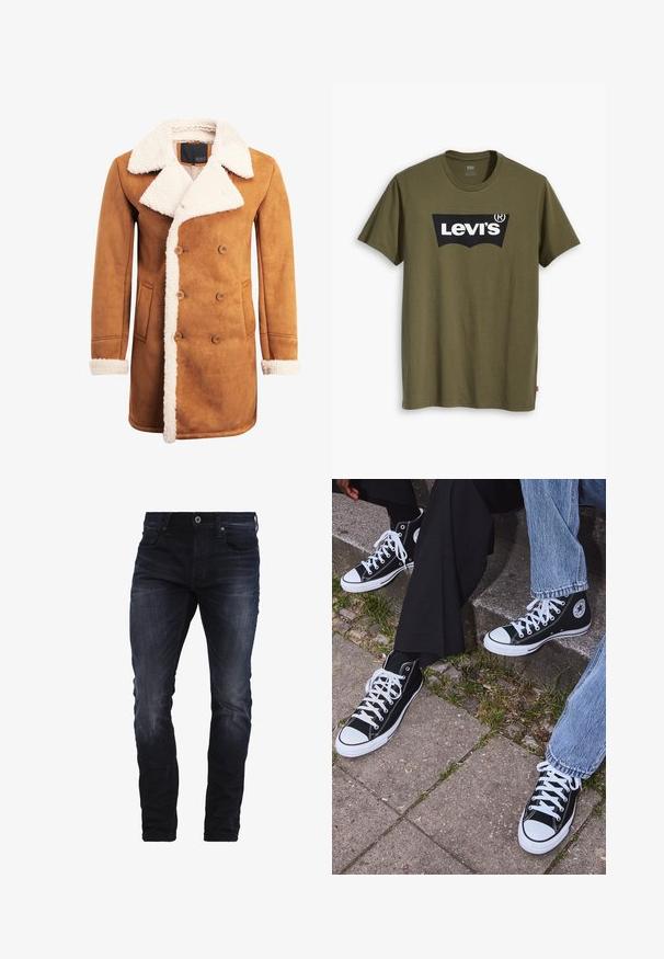 Brun ruskindsfrakke med dobbeltbrystet design, stort hvidt shearling krave og kant, sidelommer og knapdetaljer.; Olivengrøn bomuld T-shirt med stort sort Levi's-logo i en kontrasterende, halvcirkelformet bue hen over brystet. Almindelig pasform.; Mørkeblå slim-fit jeans med let slid på lårene og knæene, med forlommer, bæltestropper og knaplukning.; Sorte høje canvas sneakers med hvide gummisåler og snørebånd, prydet med et cirkulært logo på siden og parret med denim og sorte bukser.