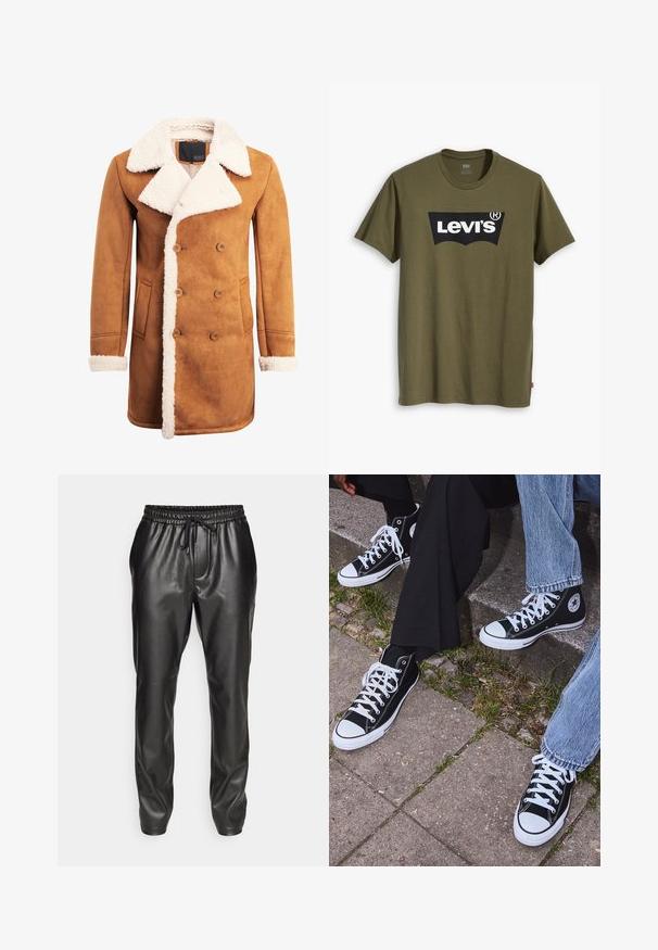 Brązowy zamszowy płaszcz z podwójnym zapięciem, dużym białym kołnierzem z owczej wełny oraz wykończeniami, bocznymi kieszeniami i guzikami.; Bawełniany t-shirt w oliwkowej zieleni z dużym czarnym logo Levi's w kontrastowym, półokrągłym kształcie na piersi. Regularny krój.; Czarne skórzane spodnie dresowe z elastycznym pasem i regulowanym sznurkiem. Gładka faktura, tapered fit oraz ściągacze u kostek.; Czarne wysokie trampki z kanwy z białymi gumowymi podeszwami i sznurówkami, z okrągłym logo z boku, w zestawie z dżinsami i czarnymi spodniami.