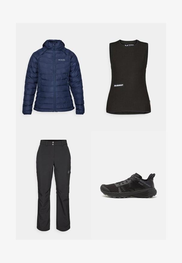 Ναυτικό φουσκωτό μπουφάν με φερμουάρ μπροστά, κουκούλα και πικέ υφή. Διαθέτει λογότυπο στο στήθος και πλαϊνές τσέπες για επιπλέον λειτουργικότητα.; Μαύρη αμάνικη μπλούζα με υφή, που διαθέτει στρογγυλή λαιμόκοψη και λογότυπο "MAMMUT" μπροστά. Φτιαγμένη από αναπνεύσιμο υλικό.; Μαύρα εξωτερικά παντελόνια με ίσια γραμμή, που διαθέτουν κλείσιμο με κουμπί, φερμουάρ στις πλαϊνές τσέπες και λογότυπο στη δεξιά μηριαία περιοχή.; Μαύρο αθλητικό παπούτσι με υφασμάτινο επάνω μέρος με υφή, ενισχυμένο καπό και καουτσούκ σόλα. Διαθέτει σύστημα κορδονιών και λεπτομέρειες λογοτύπου στο πλάι.