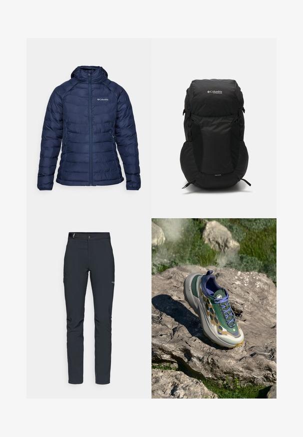 Jachetă puffer de culoare bleumarin, cu fermoar frontal, glugă și textură matlasată. Prezintă un logo pe piept și buzunare laterale pentru funcționalitate suplimentară.; Tricou negru Columbia cu artă liniară albă circulară reprezentând munți și un râu, împreună cu textul "Columbia Sportswear Company Afară din 1938."; Pantaloni de exterior pentru bărbați, gri închis, fabricați dintr-un material flexibil, cu un brâu, buzunare cu fermoar și cusături consolidate.; Pantof de sport cu un superior din plasă cu model în verde și bej, o talpă intermediară groasă de culoare gri și accente mov, așezat pe o suprafață stâncoasă.; Rucsac negru cu vârf rotund, fabricat dintr-un material durabil. Prezintă buzunare laterale din plasă și un etichetă de protecție împotriva ploii în partea de jos.