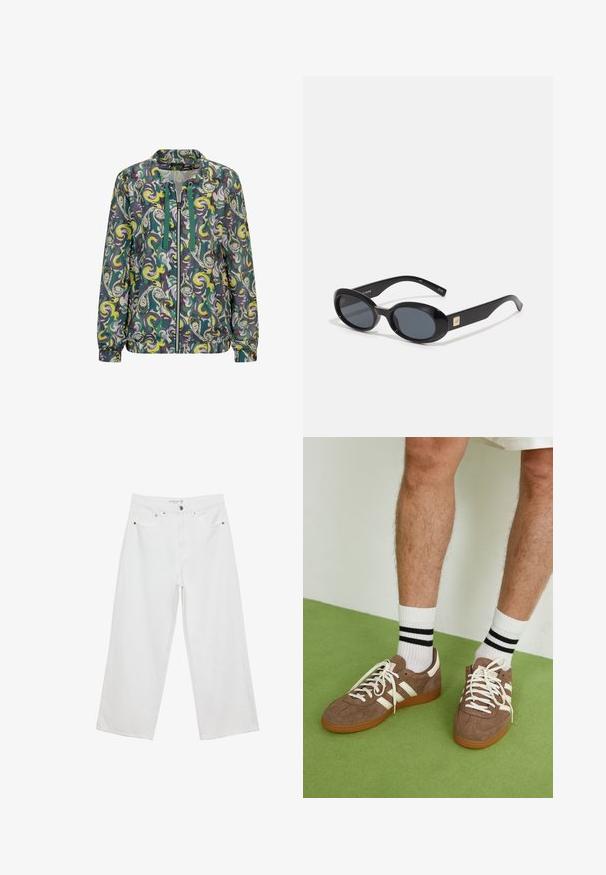 Leichte Zip-Jacke mit einem grünen, lila und gelben Wirbelmuster. Verfügt über einen Stehkragen sowie elastische Bündchen und Saum.; Weißes ärmelloses Tanktop mit quadratischem Ausschnitt, glatter Textur und figurnahen Schnitt. Hergestellt aus leichtem Material.; Weiße Jeans im weit geschnittenen Design aus Denim mit hoher Taille, ausgestattet mit fünf Taschen und Metallbeschlägen. Glatte Textur, keine sichtbaren Muster.; Braune Wildleder-Sneaker mit weißen Akzenten und Schnürsenkeln. Gummisohle in Kautschuk-Optik. Getragen mit weißen Socken, die schwarze Streifen haben. Grüner strukturierter Fußboden.; Schwarze ovale Sonnenbrillen mit dunklen Gläsern, glänzendem Kunststoffrahmen, breiten Bügeln und einem kleinen goldenen Akzent auf einer Seite.; DRAGON DIFFUSION ROSANNA - Handtasche - dark brown