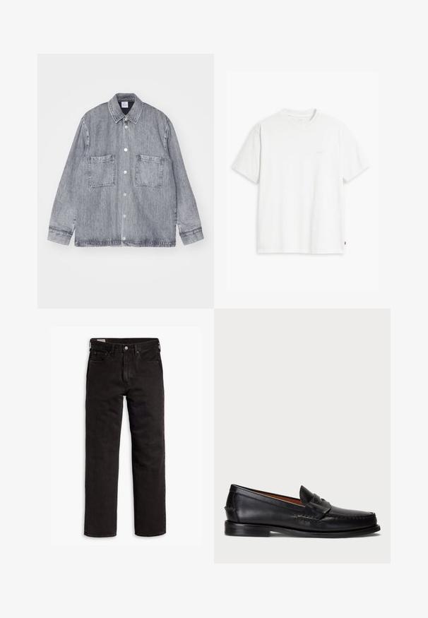 Denim jakna u svijetlo sivoj boji, s dugmadi sprijeda, ovratnikom i dva velika prednja džepa. Teksturirani materijal s vidljivim detaljima šavova.; Bijela pamučna majica kratkih rukava, s okruglim izrezom i suptilno otisnutim Levi's logotipom u sredini. Mekana tekstura i standardni kroj.; Svijetloplava košulja s dugim rukavima, bijelim prugama, ovratnikom, zaobljenim rubom i suptilnim logotipom na prsima. Pamuk.; Crne traperice ravnog kroja s pet džepova, kopčom na dugme i petljama za pojas, položene ravno na bijeloj pozadini.; Crne kožne mokasine s zaobljenim vrhom, prošivom detalja i dekorativnom trakom preko prednje strane. Ravni potplat s minimalnim profilom.