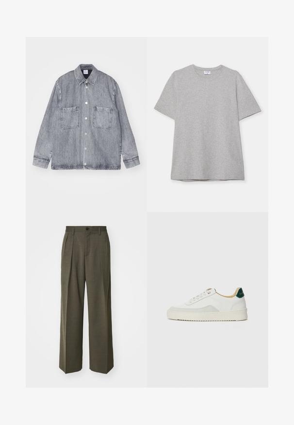 Denim jakna u svijetlo sivoj boji, s dugmadi sprijeda, ovratnikom i dva velika prednja džepa. Teksturirani materijal s vidljivim detaljima šavova.; Siva majica s kratkim rukavima napravljena od mekane, teksturirane tkanine. Ima klasičan izrez oko vrata i ravni rub, prikladna za svakodnevno nošenje.; Filippa K WIDE TROUSERS - Hlače - driftwood; Bijele tenisice s akcentima od antilopa, zaobljenim vrhom, ravnim vezicama i krem gumenim potplatom. Imaju zelenu oznaku na peti.