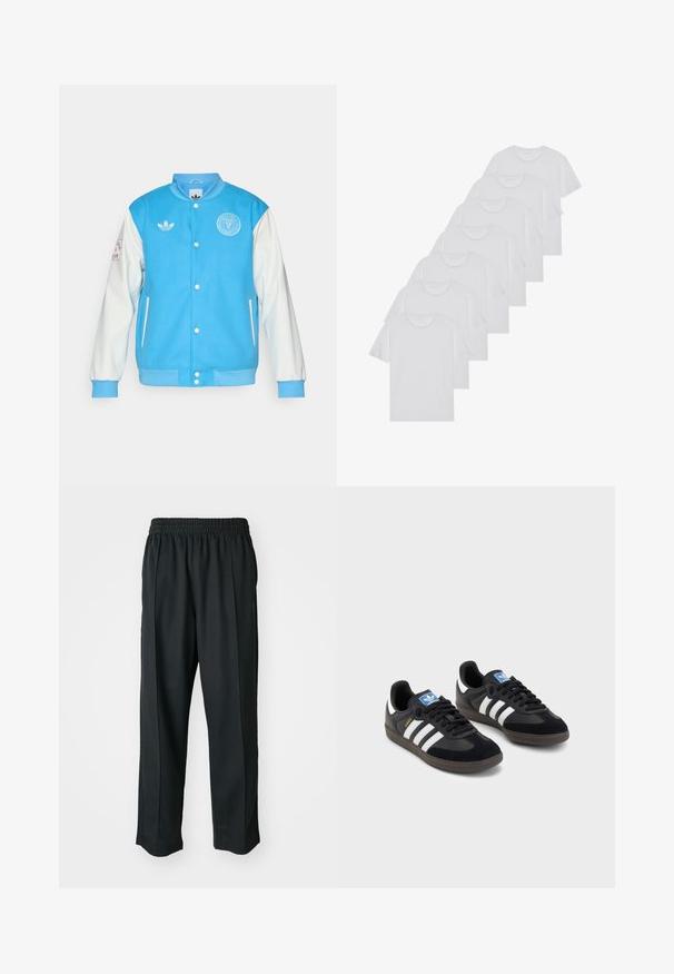 Jachetă varsity albastră cu mâneci albe, cu guler rotund, închidere cu nasturi, logo pe piept și pe mânecă, și manșete și tiv ribbate.; Tricouri din bumbac albe, cu mâneci scurte, design cu guler rotund, textură simplă, așezate într-un rând, cu o marcă subtilă la guler.; Pantaloni atletici negri cu talie elastică, confecționați dintr-un material neted, având cusături laterale subtile și o croială lejeră, cu pantaloni drepți.; Tenisi negri cu superior din suede și sintetic, având trei dungi albe, talpă din cauciuc texturat și etichetă albastră cu logo pe limbă.