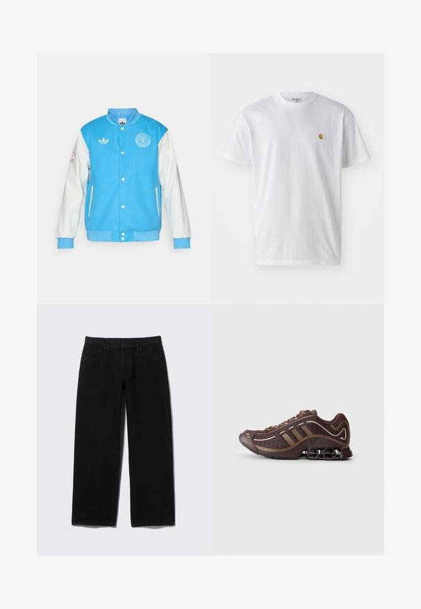 Blue varsity jacket with white sleeves, features round collar, button front, logo on chest and sleeve, and ribbed cuffs and hem.; White cotton t-shirt with short sleeves, crew neck, featuring a small gold logo on the left chest area. Soft texture and regular fit.; Black wide-leg jeans made of denim with five pockets, a front fly closure, and contrasting stitching details.; Brown athletic shoe with mesh and synthetic upper, featuring three stripes, detailed stitching, cushioned sole, and characteristic springy heel.