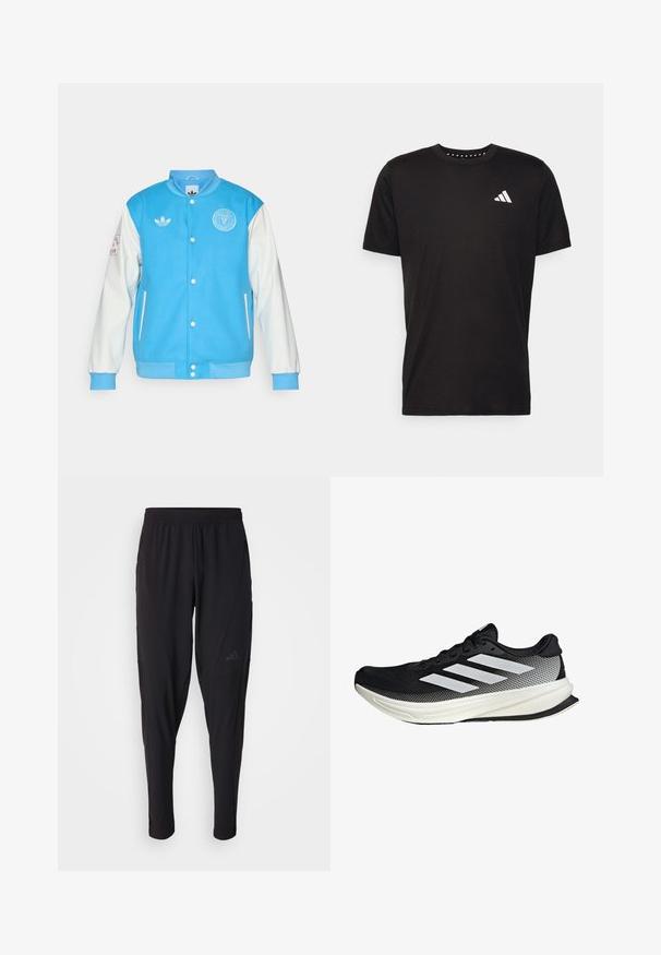 Blauwe varsityjack met witte mouwen, heeft een ronde kraag, knoopsluiting aan de voorkant, logo op de borst en mouw, en ribgebreide manchetten en onderkant.; Zwarte katoenen t-shirt met korte mouwen, ronde hals en een wit logo op de linkerkant van de borst. Gladde textuur en eenvoudig ontwerp.; Zwarte sportbroek met een elastische tailleband, taps toelopend ontwerp, zijzakken en subtiele logodetails. Gemaakt van flexibele, ademende stof.; Zwarte sportieve schoen met een mesh ontwerp, voorzien van witte strepen, een ronde neus en een gestructureerde zool voor grip en ondersteuning.