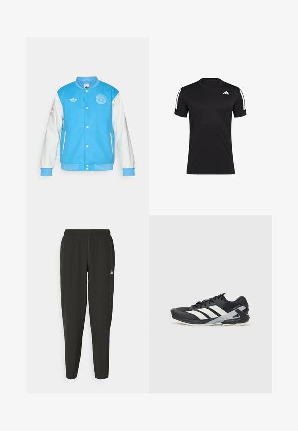 Sinine ülikoolijakk valgete varrukatega, ümar kaelus, nupuga esikülg, logo rinnal ja varrukal ning soonikkoes krae ja hem.; Lühikeste varrukatega must sportlik särk, mis on valmistatud siledast kangast, valgete aktsenttriipudega õlgadel ja väikese logoga rinnal.; Mustavad spordipüksid elastse vöökoha, kitsas lõige ja valge logo vasakul jalal. Sile, kerge kangas.; Mustad sportlik jalanõud mustade värvidega, valgete triipudega, võrgusilma pealmine osa, ümar varvas ja pehme tallaga. Omab tekstureeritud kontsa ja kindlat paeltesüsteemi.