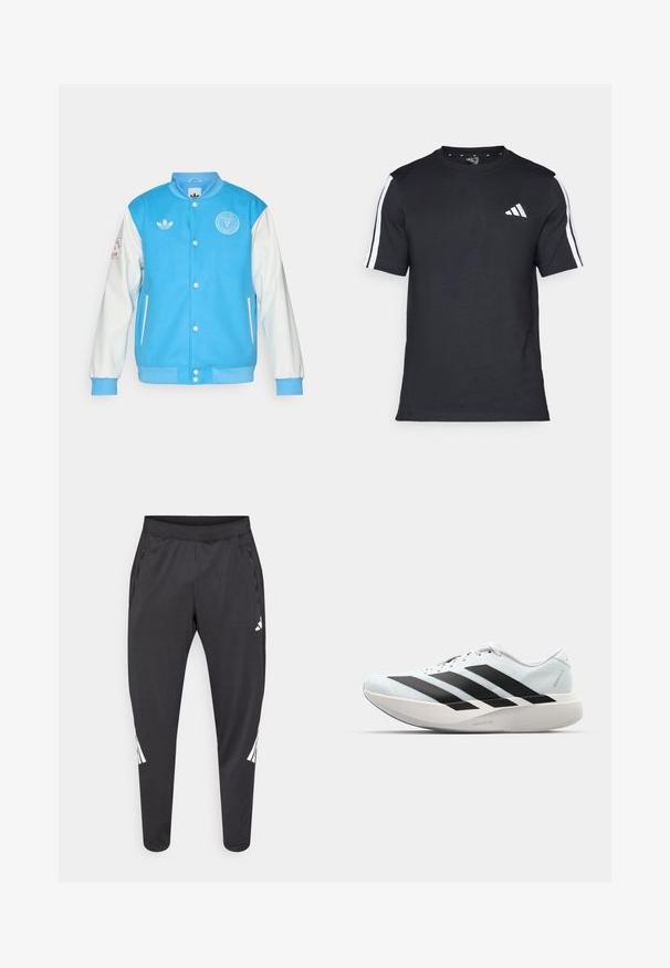 Blue varsity jacket with white sleeves, features round collar, button front, logo on chest and sleeve, and ribbed cuffs and hem.; Black T-shirt made of cotton with short sleeves, featuring white stripes on the shoulders and a white logo on the left chest.; Black athletic pants with tapered legs, elastic waistband, side pockets, and white logo and stripes detailing. Made from a smooth, lightweight material.; Lightweight running shoes in pale blue with black stripes. Features a smooth upper, round toe, and thick white midsole labeled "LIGHTSTRIKE PRO."