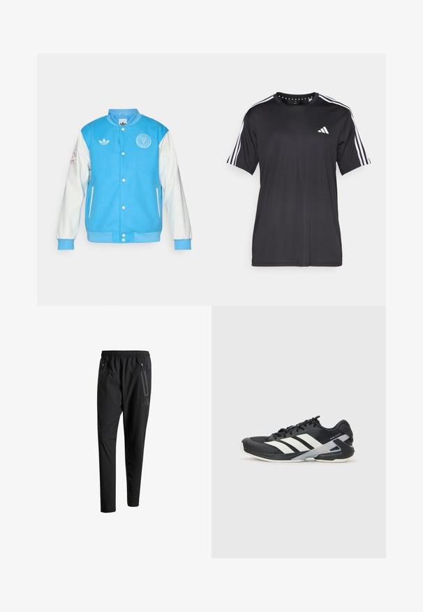 Modra varsity jakna z belimi rokavi, ima okrogel ovratnik, gumbasto zapiranje, logo na prsih in rokavu ter rebraste manšete in rob.; Črna majica s kratkimi rokavi z belim dizajnom treh črt na ramenih in logotipom na prsih. Narejena iz zračnega materiala, gladke teksture.; Črne športne hlače z elastičnim pasom, dvema žepoma na zadrgo ob strani, zoženimi hlačnicami in diskretnim logotipom na boku.; Črne atletske čevlje z belimi črtami, mrežastim zgornjim delom, zaobljenim nosom in blaženim podplatom. Imajo teksturiran petni del in varen sistem vezalk.