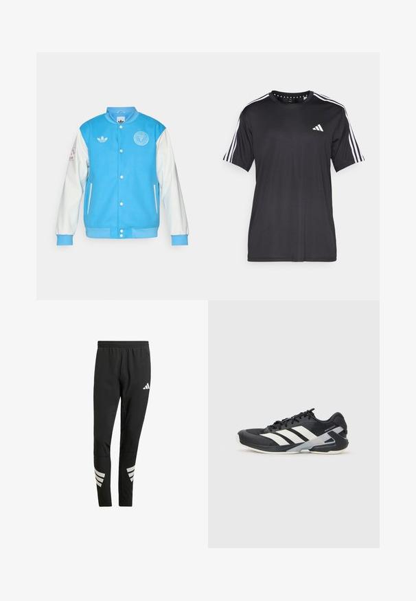 Jacket desportivo azul com mangas brancas, apresenta colarinho redondo, fecho de botões, logotipo no peito e na manga, e punhos e bainha canelados.; T-shirt preta de mangas curtas com um design de três riscas brancas nos ombros e logótipo no peito. Feita de um tecido respirável, de textura suave.; Calças atléticas pretas com um cós elástico, apresentando detalhes refletivos brancos em padrão riscado nas pernas inferiores. Feitas de um tecido suave.; Sapata atlética preta com riscas brancas, parte superior em malha, biqueira arredondada e sola acolchoada. Apresenta um calcanhar texturizado e um sistema de atacadores seguro.