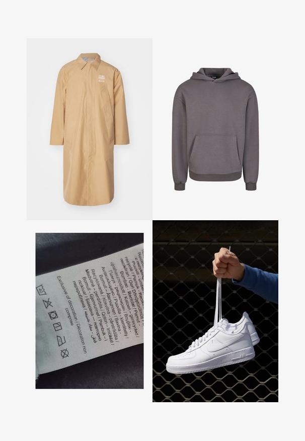 MM6 Maison Margiela SALOMON - Ūdensnecaurlaidīga jaka - iced coffee; Pelēks kokvilnas kapuce ar priekšējo kabatu, kapuci un ribotajām aprocēm. Gluda tekstūra un brīvs piegriezums. Minimalistisks dizains bez rotājumiem.; Etiķete ar daudzvalodu tekstu, aprūpes simboliem un pārstrādes ikonām, drukāta uz mīksta auduma līdzīga materiāla gaišā krāsā.; Baltas ādas sporta apavi ar perforācijām, apaļu purngali, plakanu zoli un biezām šņorēm, ar redzamu swoosh logo un vārdu "AIR" uz papēža.