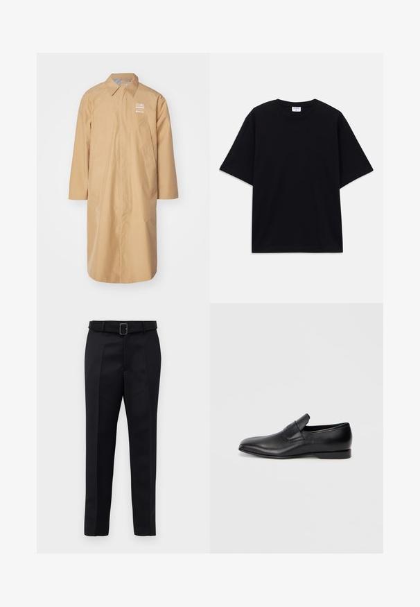 MM6 Maison Margiela SALOMON - Αδιάβροχο μπουφάν - iced coffee; Μαύρο κοντομάνικο oversized T-shirt με στρογγυλή λαιμόκοψη και ορατή ετικέτα μάρκας Filippa K μέσα στον γιακά.; Μαύροι καλοραμμένοι παν trousers με λεία υφή, ίσια γραμμή και ζώνη με ορθογώνια πόρπη. Οι επισημασμένες πιέτες μπροστά ενισχύουν το σχέδιο.; Μαύρο δερμάτινο παπούτσι με λείο μέλος και μυτερή μύτη, ομαλή υφή και διακριτική σήμανση στο πλάι. Χαμηλός τακούνι με καθαρό, μινιμαλιστικό σχέδιο.