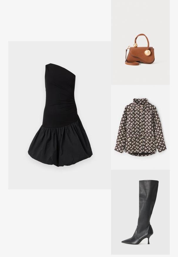 Patroonjas in bruin en crèmekleur met een geometrisch ontwerp, hoge kraag, parelachtige knopen en een ceintuur met een metalen ring.; Zwart een-schouderjurk met een getailleerde bovenkant en een volumineuze, geplooide rok. Gemaakt van soepel, lichtgewicht stof met een matte afwerking.; Kniehoge zwarte leren laarzen met een spitse neus en een slanke stilettohak. Glad textuur met een aansluitend ontwerp en stiksels aan de bovenrand.; Bruine leren handtas met een golvende uitstraling, voorzien van twee ronde gouden accenten en een afneembare schouderriem voor veelzijdig dragen.