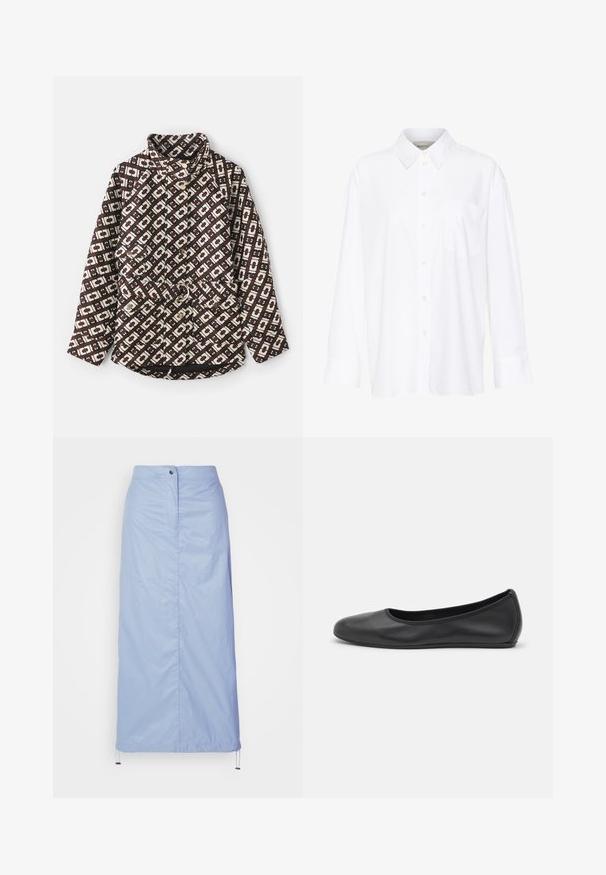 Patterned jacket in brown and cream featuring a geometric design, high collar, pearl-like buttons, and a belted waist with a metal ring.; White long-sleeve collared shirt made of cotton. Features a button-down front and a single chest pocket. Smooth texture, relaxed fit.; Light blue, mid-length skirt made of smooth, lightweight material with a straight cut, features a front button closure and drawstring hem.; Black leather ballet flat with a rounded toe, smooth texture, minimal stitching detail, and a flexible sole design.