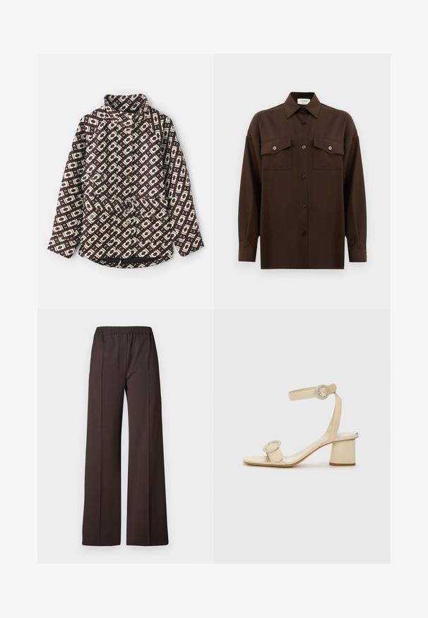 Mønstret jakke i brun og creme med et geometrisk design, høj krave, perle-lignende knapper, og en talje med bælte og metalring.; Mørkebrun langærmet skjorte med knaplukning, to brystlommer med klap og en klassisk krave, præsenteret mod en helt hvid baggrund.; Vide benbukser i mørkebrun stof med elastisk talje, som har en glat tekstur og rene linjer for et skræddersyet look.; Beige højhælede sandaler med et minimalistisk design, der har to cirkulære detaljer og en kraftig hæl. Fremstillet af glat læder.