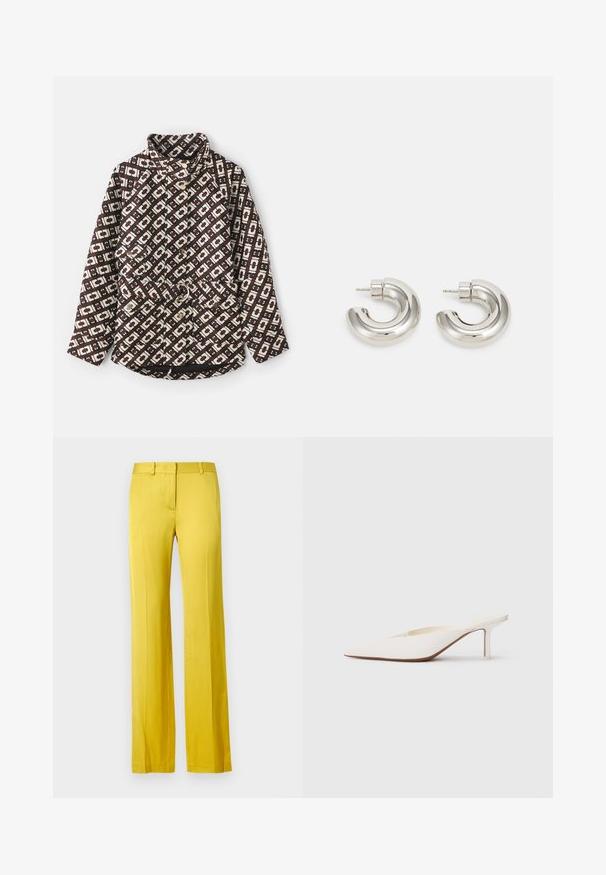 Mønstret jakke i brun og creme med et geometrisk design, høj krave, perle-lignende knapper, og en talje med bælte og metalring.; Langærmet rullekravetrøje i gennemsigtigt sort stof med et gentagende mønster af hvide kæder. Figursyet design med diskrete rynkedetaljer ved taljen.; Bukser med brede ben i lys gul, lavet af glat stof. Har en forlommer og en skræddersyet talje for et struktureret udseende.; Spids-tået hvid mule med en lav stilettohæl. Fremstillet af glat materiale med et minimalistisk design og diskret tan såldetalje.; Sølvfarvede hoops øreringe med et glat, buet design og tekstureret overflade, der har en stud post til fastgørelse.