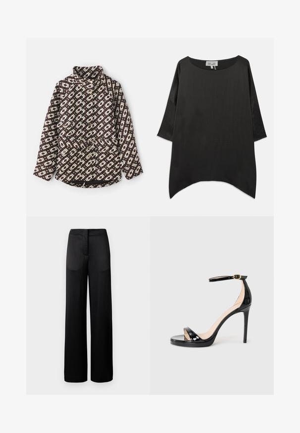 Hnedo-krémový vzorovaný kabát s geometrickým vzorom, vysoký golier, perlové gombíky a opasok s kovovým krúžkom.; Čierna voľná blúzka s okrúhlym výstrihom, trojštvrťovými rukávmi a voľným, štruktúrovaným materiálom. Obsahuje zakrivený lem a minimalistický dizajn.; Široké čierne nohavice s textúrovaným povrchom, obsahujúce plochý pás a dve bočné vrecká. Tkanina vyzerá ľahko a priedušne.; Čierne lakované kožené sandále na vysokom podpätku s remienkom okolo členku a zlatou sponou, otvorenou špičkou a štíhlým ihlovým podpätkom na jednofarebnom pozadí.