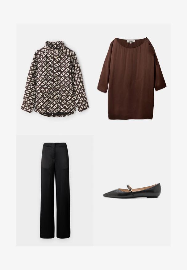 Mønstret jakke i brun og creme med et geometrisk design, høj krave, perle-lignende knapper, og en talje med bælte og metalring.; Brun, løs bluse med bred bådudskæring og trekvartærmer, lavet af et glat, struktureret stof. Toppen har subtile rynker.; Bredbenede sorte bukser med en tekstureret overflade, der har en flad talje og to sidelommer. Stoffet ser let og strømmende ud.; Sorte læder balletflade med spids tå og en side rem med et rundt guldaccent. Letvægts med en flad sål.