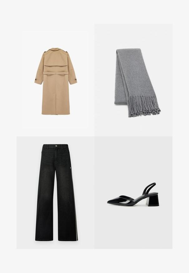 Beige trenchcoat van soepel materiaal, met een dubbelgeknopte sluiting, achterflap en een ceintuur met knoopaccenten op de mouwen.; Bruine, lang%C3%A8ve ribgebreide top met een ronde hals. Gemaakt van een soepel, rekbaar materiaal, met een getailleerde pasvorm en minimale details.; Wijde zwarte jeans met contrasterende zwarte zijpanelen. Beschikt over een klassieke denimstructuur, zilveren knoopsluiting en witte accentstrepen.; Zwarte gepatineerde leren slingback hakken met een spitse neus en een geometrische blokhak. Kenmerkt zich door een slank, minimalistisch ontwerp en een gladde textuur.; Grijze wollen sjaal met een zachte textuur, voorzien van franjes aan de randen en een eenvoudig ontwerp. Netjes gevouwen, waarmee de verlengde vorm wordt getoond.