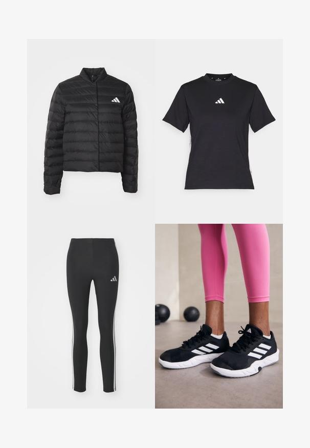 Μαύρο μπουφάν σε στυλ puffer με cropped σχεδίαση, με οριζόντιες ραφές, όρθιο γιακά και λευκό λογότυπο στο στήθος.; Μαύρο κοντομάνικο μπλουζάκι φτιαγμένο από μαλακό ύφασμα. Διαθέτει λευκό λογότυπο της Adidas και αντίθετες λευκές ρίγες κατά μήκος των πλαισίων.; Μαύρο κολάν από ελαστικό υλικό με άσπρες πλαϊνές ρίγες και ένα μικρό ανακλαστικό λογότυπο στην επάνω αριστερή πλευρά.; Μαύρα αθλητικά παπούτσια με λευκές ρίγες, με επάνω μέρος από υφαντό πλέγμα και λευκή σόλα. Φορεμένα με ροζ κολάν, επιδεικνύοντας ρουχισμό προπόνησης.