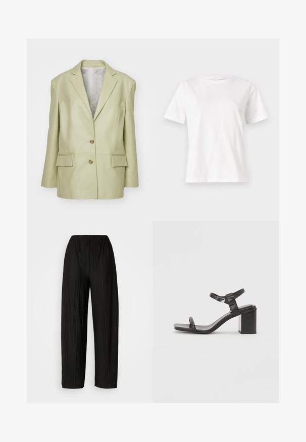 Világos zöld bőr blézer, kihajtható gallérral, két gombbal és két elülső zsebbel. Simára cserzett anyagú és testhezálló fazonú.; Fehér pamut póló rövid ujjakkal, kerek nyakkivágással és laza szabással. Sima textúra, nincsenek minták vagy díszítések, minimalista dizájn.; Fekete, pliszírozott, bőszárú nadrág rugalmas derékkal. Az anyag függőleges pliszékkel és sima textúrával rendelkezik.; Fekete bőr, tömbsarkú szandál széles pánttal a lábujjak felett és állítható bokapánttal, letisztult, minimalista dizájnnal.