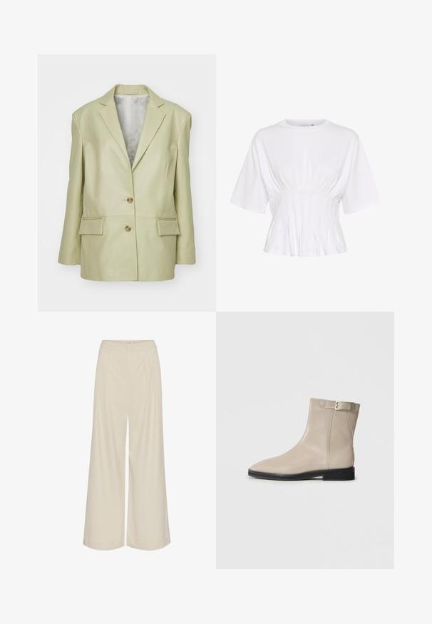 Lichtgroene leren blazer met een klepjas en twee knopen, en twee voorzakken. Heeft een gladde textuur en een getailleerde pasvorm.; Witte top met korte mouwen van zachte stof, voorzien van een ronde halslijn en geplooide details bij de taille voor een getailleerde look.; Wijdbenige broeken van een lichtbeige stof, met plooien, een hoge taille en een gladde textuur zonder zichtbare versieringen.; Beige leren enkellaars met spitse neus, zwarte zool, lage hak en gouden gespband aan de buitenkant, weergegeven op een witte achtergrond.