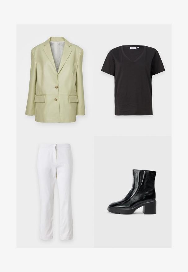 Ανοιχτό πράσινο δερμάτινο σακάκι με πέτο, δύο κουμπιά και δύο μπροστινές τσέπες. Διαθέτει λεία υφή και κομμένο στυλ.; Μαύρο βαμβακερό T-shirt με V λαιμόκοψη και κοντά μανίκια. Απλός σχεδιασμός με κανονική εφαρμογή και χωρίς μοτίβα ή διακοσμητικά.; Λευκά βαμβακερά παντελόνια με ίσια γραμμή, με μέση στο μέσο ύψος και χωρίς ορατό μεταλλικό εξάρτημα ή σχέδια. Λείος υφασμάτινος χαρακτήρας σε όλη την επιφάνεια.; Μαύρες πατενταρισμένες δερμάτινες μπότες στον αστράγαλο με καμπυλωτή μύτη, ελαστικές πλαϊνές πινακίδες και χοντρό μπλοκ τακούνι. Διαθέτουν ανάγλυφο λογότυπο στο πίσω μέρος.