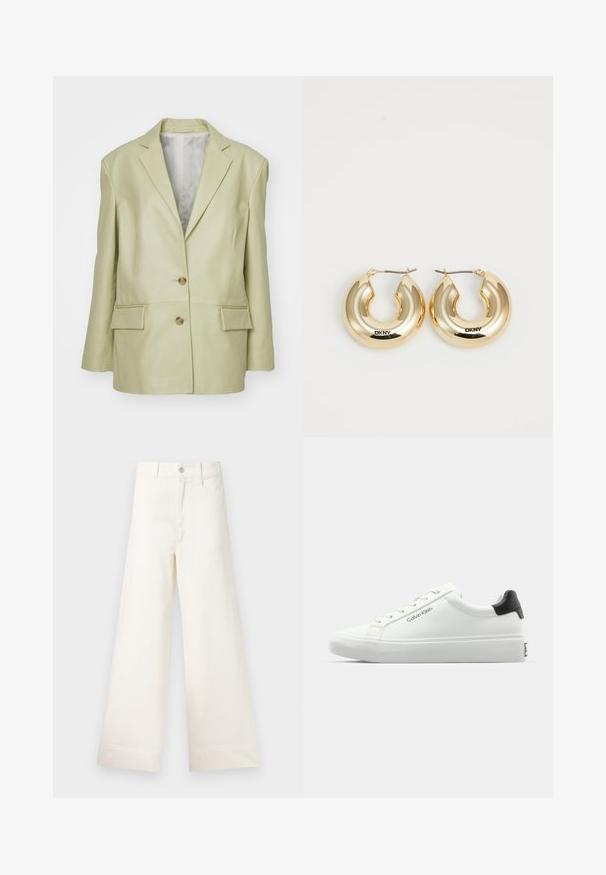 Világos zöld bőr blézer, kihajtható gallérral, két gombbal és két elülső zsebbel. Simára cserzett anyagú és testhezálló fazonú.; Fehér, rövid ujjú pamut póló. Kör alakú nyakkivágással és sima textúrával rendelkezik, a szegélyen minimális varrás látható.; Világos bézs pamut széles lábú nadrág. Magas derék, elülső zsebek és egyenes vonalú fazon jellemzi. Tiszta, mintázat nélküli hem befejezés.; Fehér sneaker sima felülettel, fekete sarok akcentussal és fűzős dizájnnal. Oldalán "Calvin Klein" márkázás található. Minimalista stílus.; Arany fülbevalók sima, lekerekített kialakítással és fényes felülettel, biztosító kapoccsal. "DKNY" felirattal gravírozva.