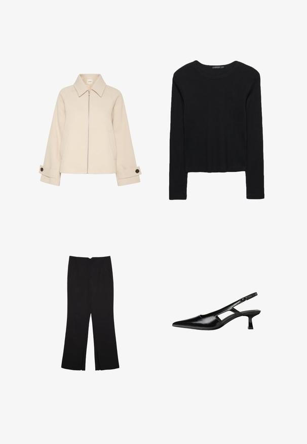 Beige Jacke mit einem Reißverschluss vorne, großem Kragen, geripptem Stoff und Seitentaschen. Die Bündchen haben einen Knopfdetails.; Schwarzes langärmliges Oberteil aus strukturiertem Stoff. Mit runder Halslinie und cropped Design mit schmalen Ärmeln. Keine sichtbaren Muster.; Schwarze Hose mit geradem Schnitt, ausgestattet mit Fronttaschen und Seitenschlitzen am Saum. Hergestellt aus weichem, glattem Stoff. Geeignet für verschiedene Anlässe.; Schwarze Lackleder-Slingback-High Heels mit spitzer Zehenform, ausgeschnittenem Seitendesign und kleinem Blockabsatz. Glatte Textur mit minimalen Akzenten.