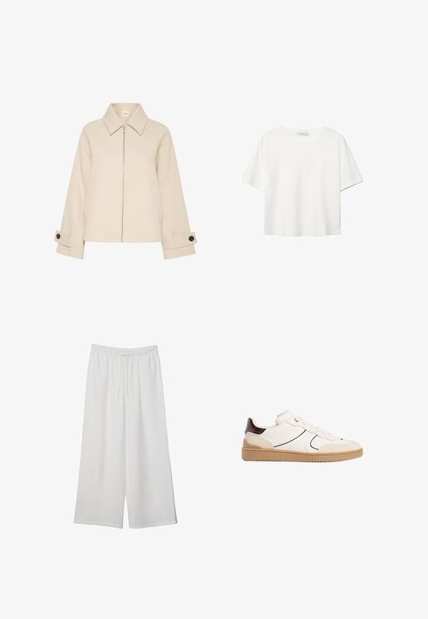 Bež jakna z zadrgo spredaj, velikim ovratnikom, rebrasto teksturo in stranskimi žepi. Manšete imajo detajl gumba.; Bela kratka majica s kratkimi rokavi iz bombaža. Ima okroglo izrezovanje in sproščen kroj. Gladka tekstura brez vidnih vzorcev ali poudarkov.; Bele široke hlače iz lahkega materiala, ki imajo elastičen pas in vrvico za prilagajanje. Gladka tekstura.; Stradivarius Športni copati - white