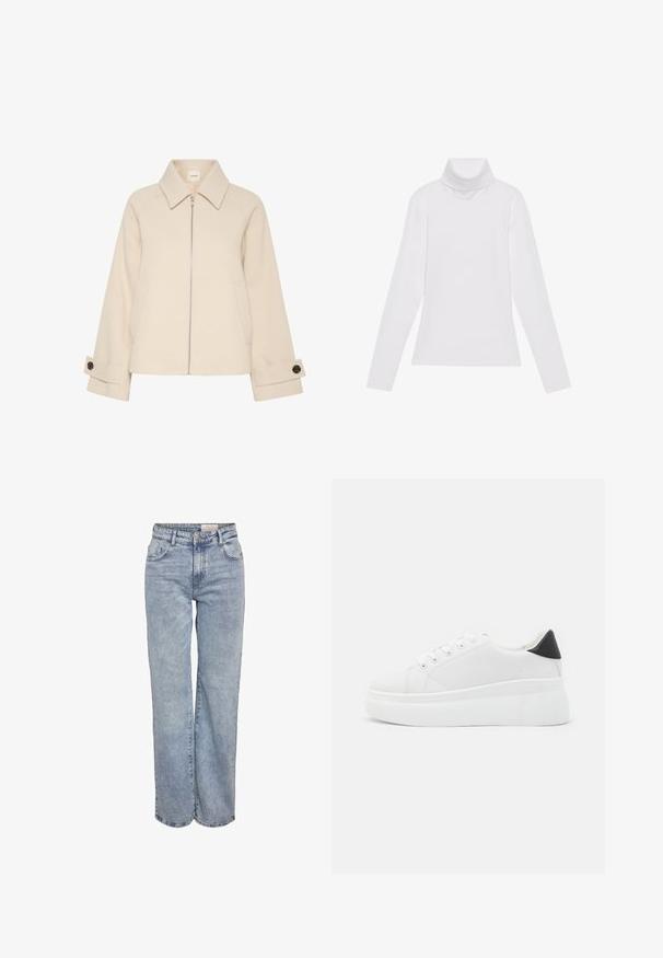 Giacca beige con zip frontale, ampio colletto, texture a coste e tasche laterali. I polsini presentano un dettaglio con bottone.; Maglia a maniche lunghe bianca a collo alto realizzata in tessuto morbido ed elastico. Presenta un colletto alto e un design aderente, senza motivi o decorazioni visibili.; Jeans a gamba larga di colore azzurro chiaro realizzati in denim, con vita alta, design a cinque tasche e leggera scoloritura per un aspetto vissuto.; Sneakers platform bianchi realizzati in materiale sintetico liscio, con punta arrotondata, design con lacci e suola in gomma texture. Accento nero nel tallone.