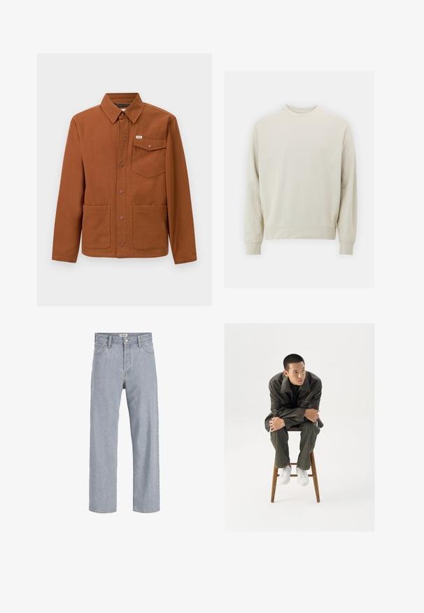 Bruine lange mouwen jas van stevig materiaal, met een knoopsluiting aan de voorkant, twee grote voortassen en een linkerbovenborstzak met een logo.; Lichtbeige sweatshirt van zachte stof met een ronde hals, lange mouwen en geribbelde boorden en zoom. Minimalistisch ontwerp, geen zichtbare patronen.; Lichtblauwe denim jeans met een relaxed fit, rechte pijpen, zichtbare stiksels, twee voorzakken en een knoopsluiting.; Bruine leren jas met een brede kraag, gecombineerd met donkergroene jeans en witte sneakers. Het model zit op een houten kruk.