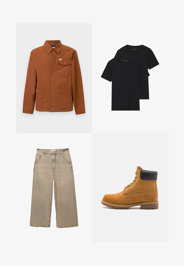 Brauner Langarmjacke aus robustem Stoff, mit einer durchgehenden Knopfleiste, zwei großen Vordertaschen und einer linken Brusttasche mit einem Logo.; Zwei schwarze Baumwoll-T-Shirts mit kurzen Ärmeln, runden Ausschnitten und einer glatten Textur, übereinander gestapelt.; PULL&BEAR MEGA BAGGY - Baggy Jeans - light grey; Beige Wildleder-Ankle-Boot mit schwarzem gepolstertem Kragen, goldenen Metallösen, weißen Nähdetalben und einer robusten Gummisohle mit ausgeprägtem Profil.