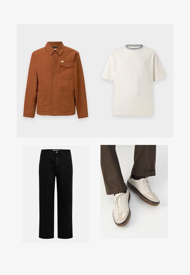 Brown long-sleeve jacket made of sturdy fabric, featuring a button-up front, two large front pockets, and a left chest pocket with a logo.; Cream-colored cotton t-shirt with short sleeves, featuring a round neckline accented by navy and white stripes. Smooth texture, relaxed fit.; Black denim pants with a straight-leg cut, classic five-pocket design, and a button closure at the waist. Smooth texture and durable fabric.; Beige sneakers with a textured suede front, smooth leather sides, and a brown rubber sole. Laces and light stitching detail included.