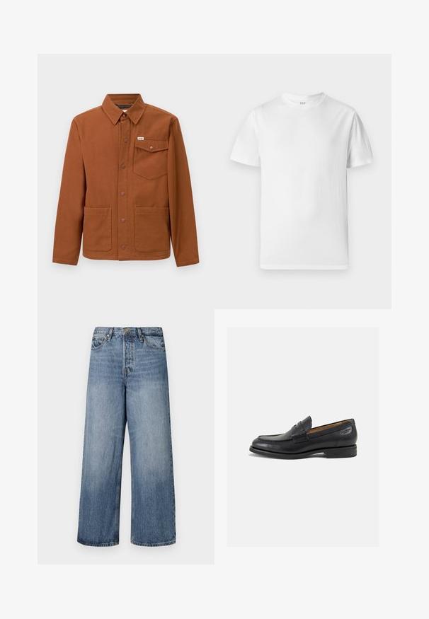 Bruine lange mouwen jas van stevig materiaal, met een knoopsluiting aan de voorkant, twee grote voortassen en een linkerbovenborstzak met een logo.; Witte T-shirt met korte mouwen van zacht katoen. Heeft een ronde halslijn en een rechte zoom met minimale details.; Wijde blauwe denim jeans met een vervaagde was, vijf zakken en een knoopsluiting. Voorzien van riemlussen en gestikte details.; Zwarte leren loafers met een gladde afwerking, ronde neus en decoratieve stiksels op de wreef. Lage gestapelde hak en een lichte glans.