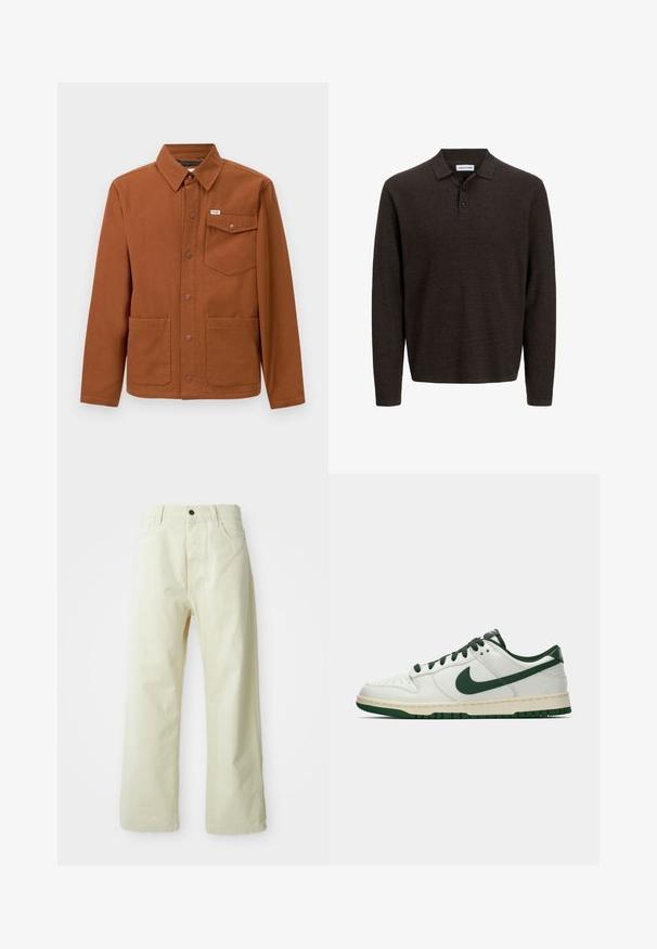 Casaco castanho de mangas longas feito de um tecido resistente, com fecho à frente em botões, dois grandes bolsos frontais e um bolso no peito esquerdo com um logotipo.; Camisa polo de manga longa castanha, feita de tecido texturizado. Apresenta um colarinho clássico e três botões à frente. Ajuste casual com punhos canelados.; Calças largas de denim amarelo-claro, com fecho frontal por botão, cinco bolsos e um design straight sem adornos.; Sapatilha baixa branca com swoosh da Nike em verde escuro, atacadores e acentos do solado, mostrada em perfil sobre um fundo branco simples.