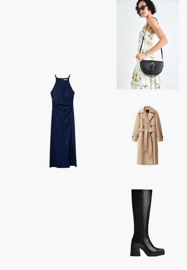 Bežový trench coat vyrobený z hladkej tkaniny, s dvojradovým zapínaním, širokými klopami, opaskom v páse a gombíkovými manžetami.; Námornícky modré šaty bez rukávov so priliehavým trupom, drapovanými bočnými detailmi a bočným rozparkom. Hladká látka a zips na zadnej strane.; Čierne vysoké čižmy po kolená vyrobené z textúrovaného syntetického materiálu, s hranatou špičkou, robustným vysokým podpätkom a hladkým, elegantným povrchom.; Čierna kožená kabelka s zaobleným tvarom, odnímateľným popruhom a zlatými doplnkami. Kabelka má klopu s detailom s prackou.