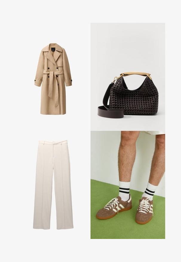 Beige trench coat valmistatud siledast kangast, topelt-nupuga esiosa, laiad kraed, vöödiga talje ja nööpidega mansetid.; Kaotiko CREW PUPPIES UNISEX - Pikeepaita - beige; Valkoiset leveälahkeiset housut vaaleasta beigeestä kankaasta, joka on sileäpintainen. Housuissa on istuva vyötärö, edessä laskokset, eikä näkyviä taskuja.; Ruske nahkate sneakerit valkoisilla korostuksilla ja nauhoilla. Kumi-gumipohja. Yhdistetty valkoisiin sukkiin, joissa on mustia raitoja. Vihreä teksturoitu lattia.; Elleme BOOMERANG WOVEN - Käsilaukku - brown